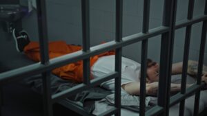 man laying in a jail cell
