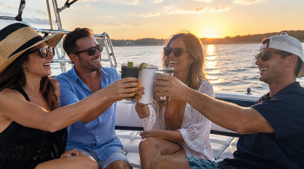 2 men and 2 women having an alcoholic drink on a boat