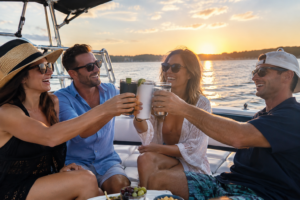 2 men and 2 women having an alcoholic drink on a boat